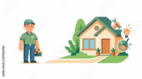 A cartoon house with a worker and tools nearby