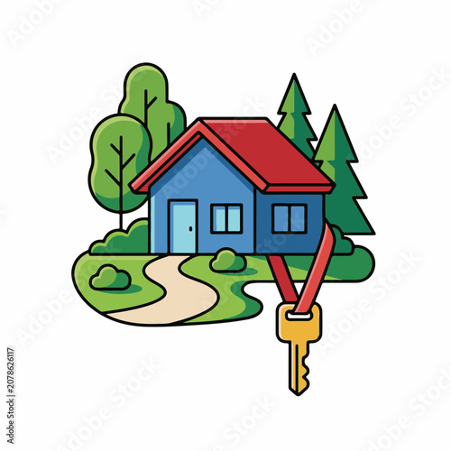 A cartoon house with a red roof and blue walls surrounded by trees and a large key