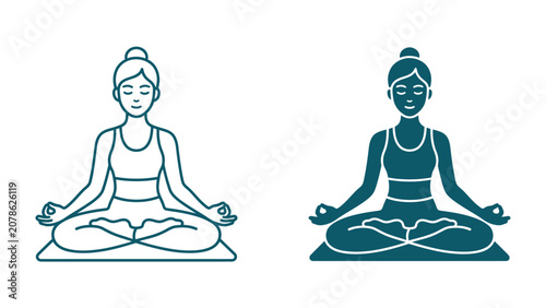 Obraz na płótnie Yoga pose icon: A simplified illustration of a woman performing a yoga pose in a seated meditative posture, symbolizing peace and wellness