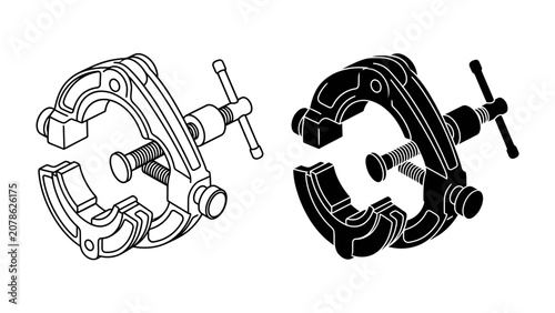 Canvastavla Industrial Clamp Tool: Two detailed illustrations of a heavy-duty clamp tool, one in line art and the other in solid black, showcasing its robust design and mechanical function