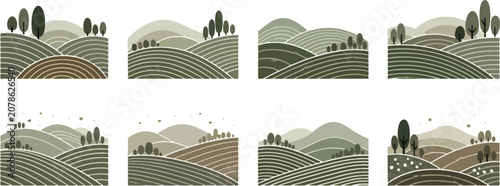 Stylized Rolling Hills with Trees and Fields.