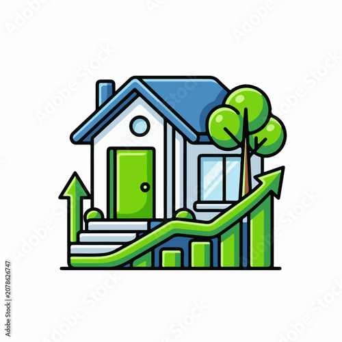 A cartoon house with blue roof green door and tree beside it with increasing green graph