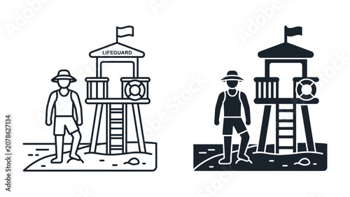 Obraz na płótnie Lifeguard Tower and Attendant: A lifeguard stands ready near a lifeguard tower on a sandy beach, vigilant and prepared to ensure safety