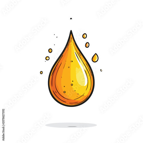 Hand drawn golden oil drop illustration with sparkling highlights.