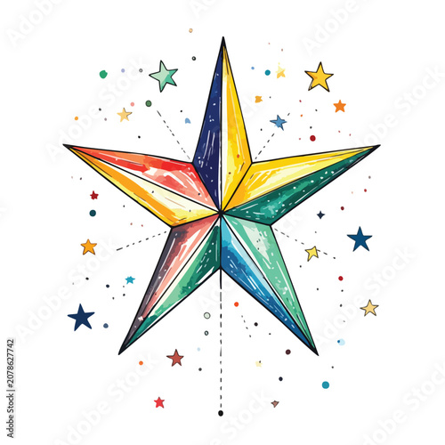 Vibrant multicolored hand drawn star illustration with sparkles.