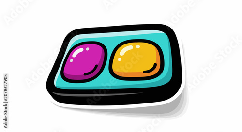 A cartoon icon featuring a turquoise tray with two colorful rounded compartments