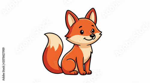 A cartoon illustration of a cute orange fox with a fluffy tail and big eyes