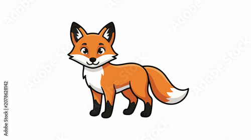 A cartoon illustration of a cute smiling fox with orange fur and white markings