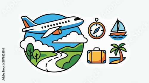 A cartoon illustration of a globe with a road plane clouds and travel icons