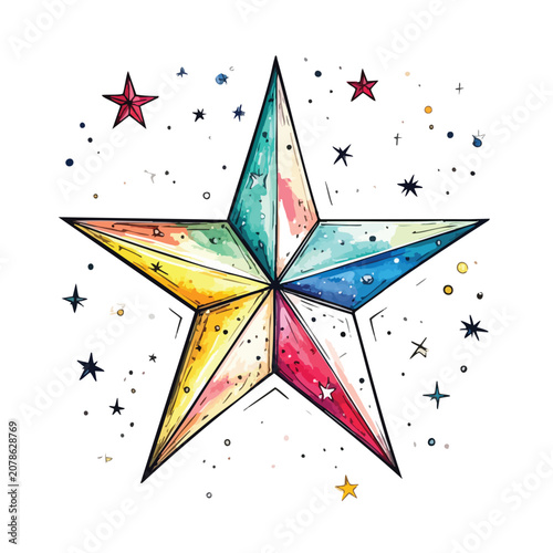 Colorful hand drawn watercolor star illustration with ink outlines.