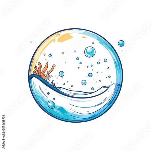 Abstract circular illustration of water waves with coral and bubbles.