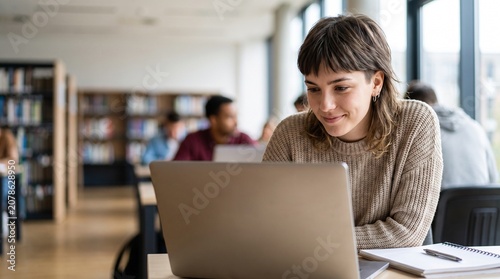 Happy young woman looking at laptop screen in university library studying for exams online education female student learning lesson college classroom academic research digital knowledge