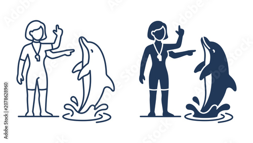 Photos Dolphin Trainer Icon: A stylized depiction of a dolphin trainer in a swimsuit with a whistle around their neck, interacting with a jumping dolphin in a splash of water