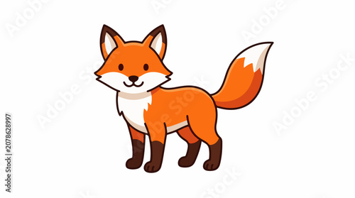 A cartoon illustration of a smiling orange fox with white and brown markings