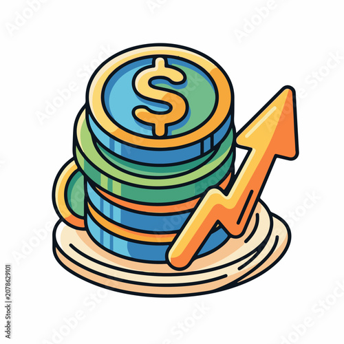 A cartoon illustration of a stack of colorful coins with a dollar sign on top and an upward arrow