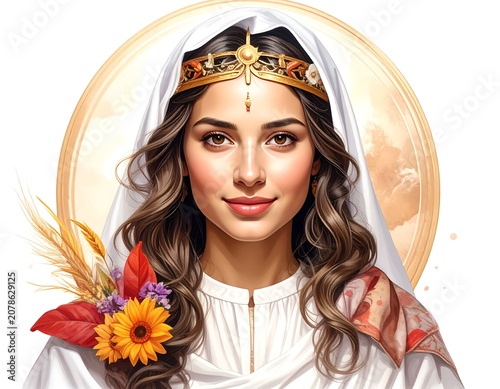 Portrait of a woman in traditional folk costume with flowers.
