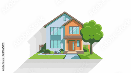 A cartoon illustration of a two-story house with a yard and tree