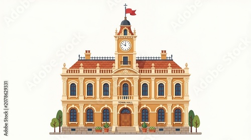 Vector illustration of a historic town hall building with a clock tower and red roof, isolated on white background