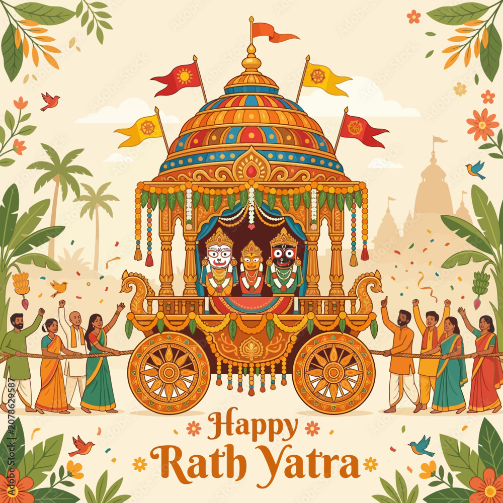 Obraz premium Happy Rath Yatra Festival with Deities in Decorated Chariot and Devotees Pulling