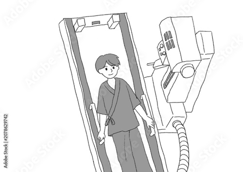 Fotografi Monochrome cartoon of a person undergoing a barium swallow stomach X-ray test, b