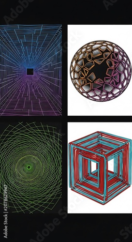 Abstract Digital Art Collection Featuring Geometric and Technological Designs.