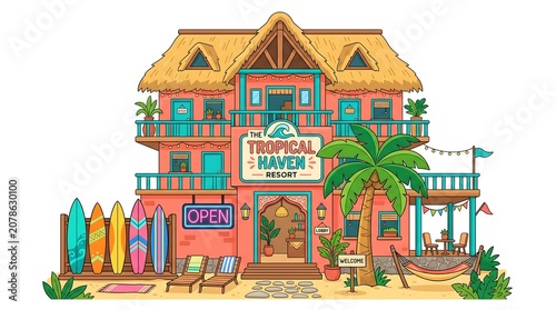 Tropical haven resort building with surfboards, palm tree, and hammock, a vibrant beach hotel illustration for summer vacation and travel concept
