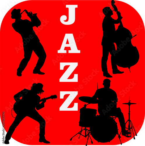 Photography A silhouette of a jazz band against a red background with white text
