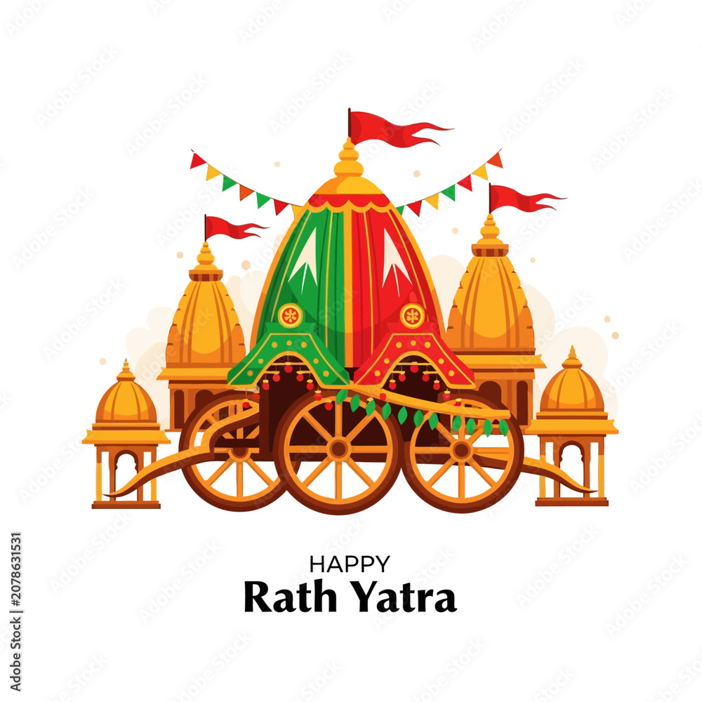 Fototapeta premium Rath Yatra festival chariot procession with Indian temples and flags