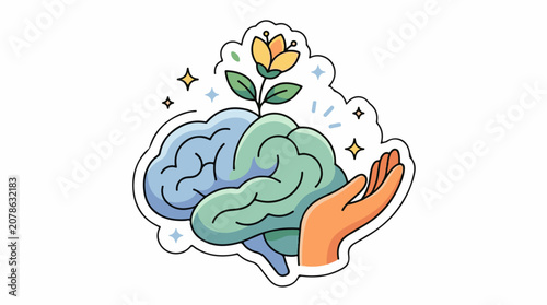 A colorful cartoon illustration of a brain with a plant growing out of it surrounded by sparkles and a hand