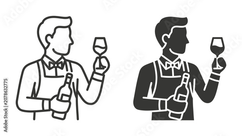Konstfotografi Sommelier in Action: A stylized illustration depicting a sommelier holding a wine bottle and a wine glass, contemplating the beverage with a refined gesture