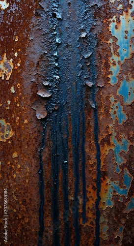 Close-up of Rusted Metal Surface with Blue and Orange Patina.