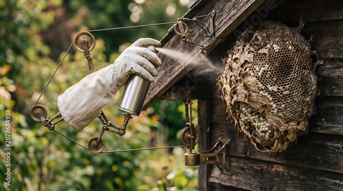 Pest control expert in protective clothing spraying insecticide on a large wasp nest attached to a wooden shed wall in a garden setting with insecticide, protective