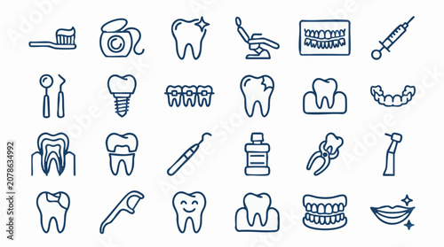 Slika na platnu Dental care and oral hygiene line art icons set for dentistry services