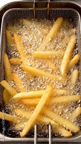 French fries cooking in a deep fryer with bubbling hot oil and golden crispy texture
