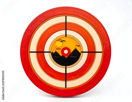 A vibrant circular target with red, orange, and beige concentric rings and a scenic center
