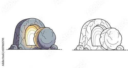 Foto Empty tomb of Jesus Christ with rolled away stone, Christian Easter resurrection illustration, stone cave entrance icon, religious symbol of hope and faith for digital media