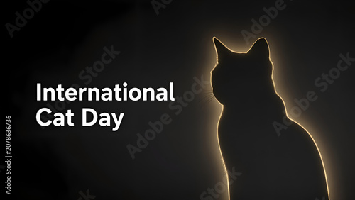 Glowing neon outline silhouette of cat on black background with text International Cat Day