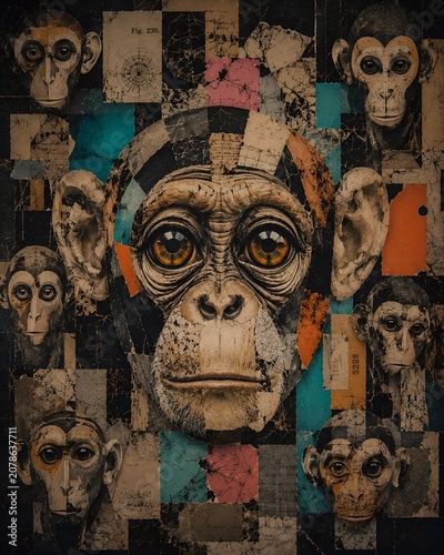 Surreal Chimpanzee Portrait Collage with Abstract Geometric Shapes and Vintage Paper Texture