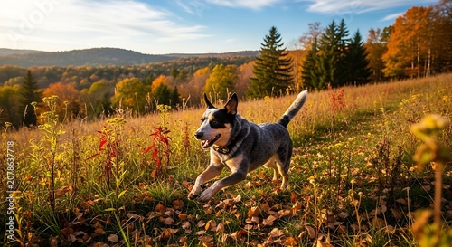 Joyful Dog Running Through Autumn Field Landscape.