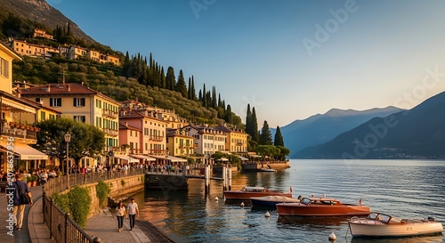 Scenic Lakeside Village with Mountain View and Boats.