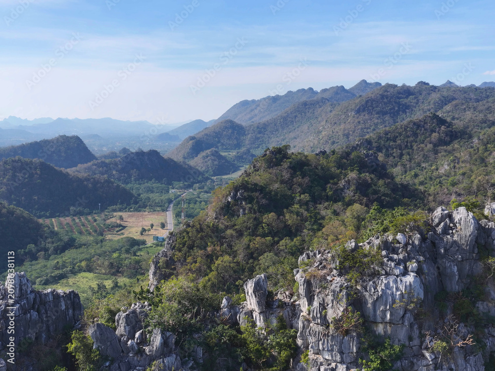 Fototapeta premium Aerial View of Limestone Karst Mountains in Khao Yai National Park