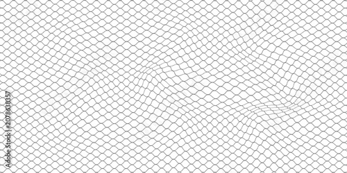 Fishing or soccer net. Repeated hexagon pattern. Black wired mesh texture isolated on white background. Metallic or fabric fence, cage or lattice structure. Vector graphic Illustration.