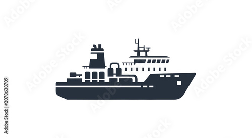 Modern cargo ship silhouette, industrial transport vessel icon, maritime logistics