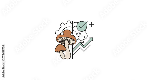 Mushroom Brain Growth, Cogwheel, and Upward Trend Arrow Icon Set
