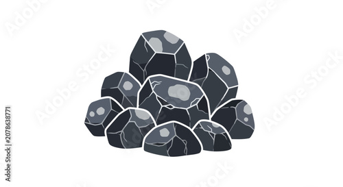 Pile of Dark Gray Jagged Rocks with Light Gray Spots, Isolated on White Background