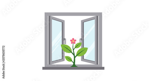 Open Window with Blooming Flower Growing On Sill - Spring Growth Concept