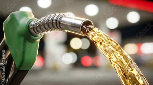 Gasoline Fuel Pouring From Petrol Pump Nozzle Into Tank Close Up View
