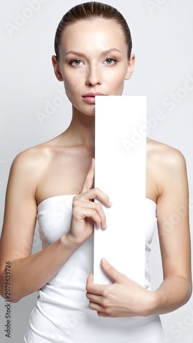 A woman in a white dress holding a large white rectangular object
