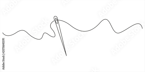 Obraz na plátně Minimalist sewing needle with flowing thread in curvy line art