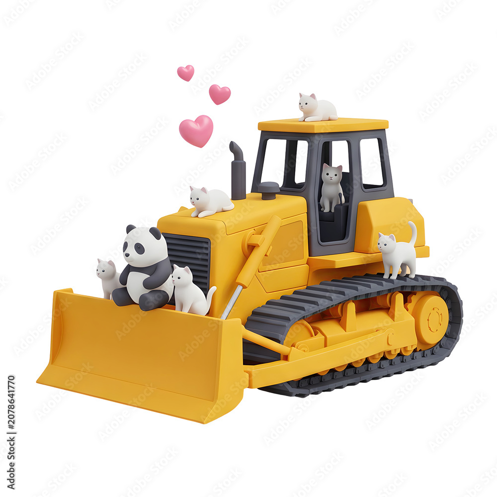 Obraz premium Cute 3D Render of a Yellow Bulldozer with Cats and Panda